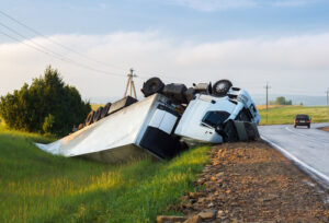 semi-truck flipped over on side of the road